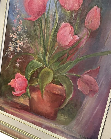 Vintage 1980s Signed foower oil painting Lovely pink tulips pro framed