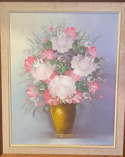 Vintage wood framed flower oil painting on canvas