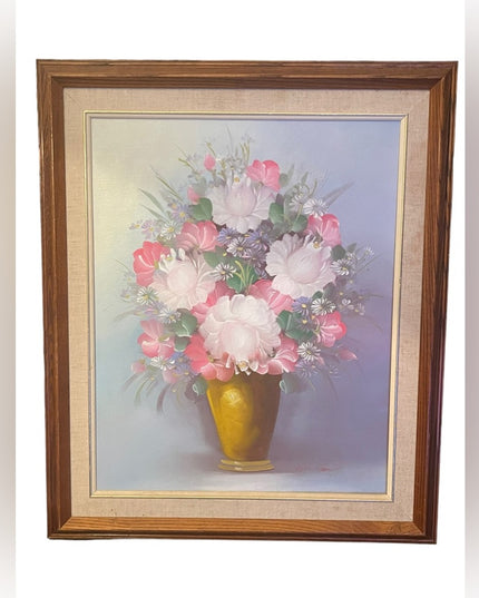 Vintage wood framed flower oil painting on canvas