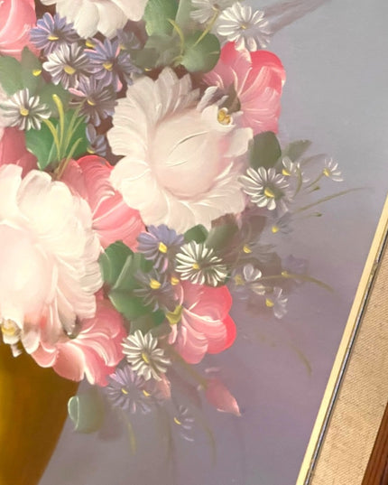 Vintage wood framed flower oil painting on canvas