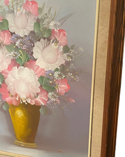 Vintage wood framed flower oil painting on canvas
