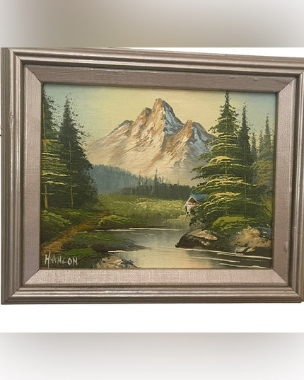 Vintage signed framed landscape mountains oil painting on canvas