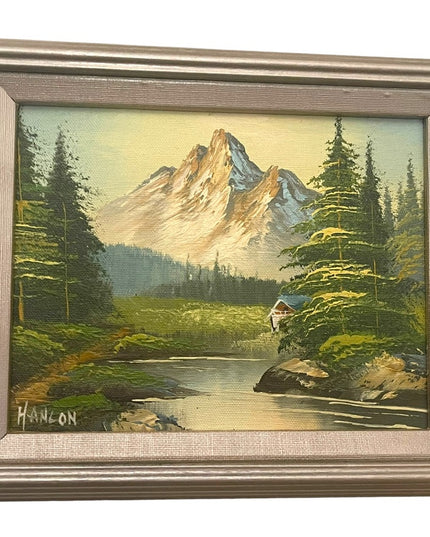 Vintage signed framed landscape mountains oil painting on canvas