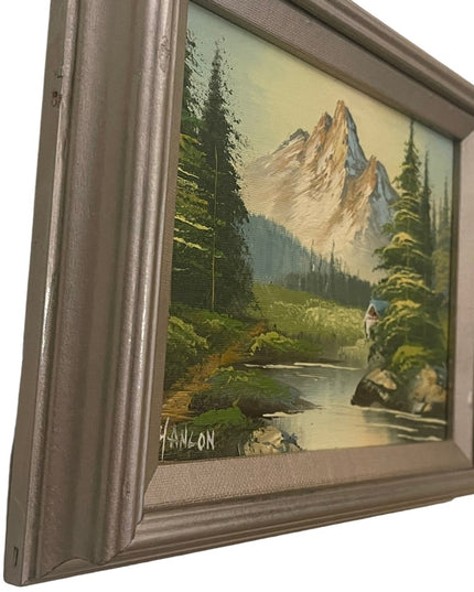 Vintage signed framed landscape mountains oil painting on canvas