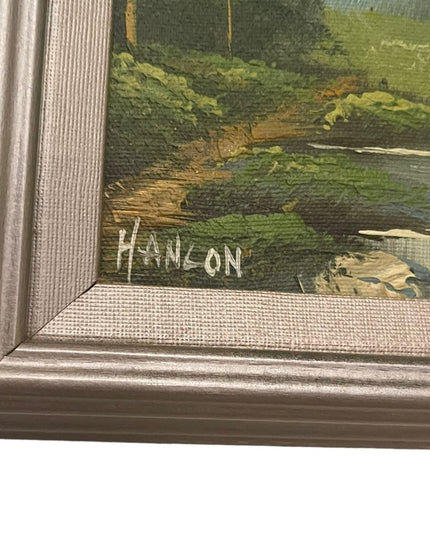 Vintage signed framed landscape mountains oil painting on canvas