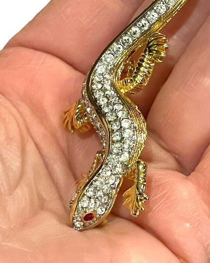 Vintage 1980s Gold Dorlan Lizard fancy crystal high wuality brooch