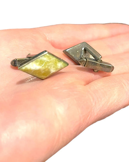 Vintage Irish Connemara Marble diamond shape fancy silver  cufflinks
