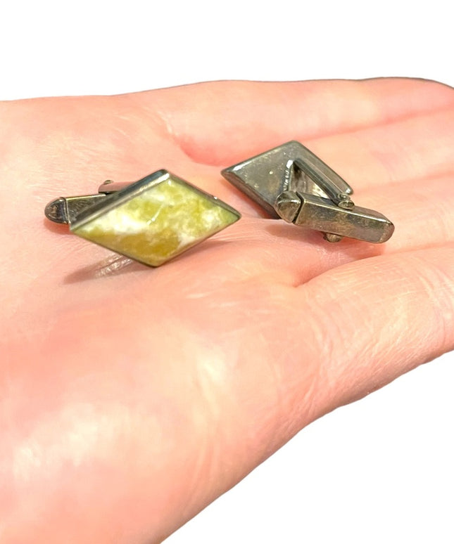 Vintage Irish Connemara Marble diamond shape fancy silver  cufflinks