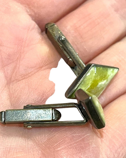 Vintage Irish Connemara Marble diamond shape fancy silver  cufflinks