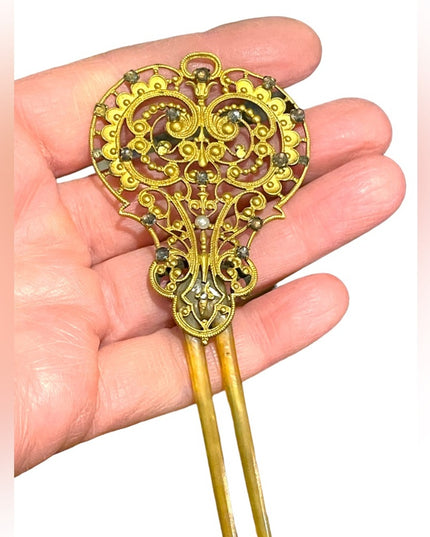 Victorian Antique hair comb pierced goldtone filigree metal design crystals LG