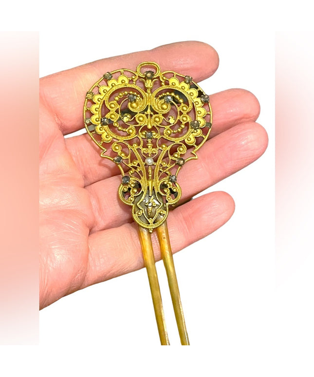 Victorian Antique hair comb pierced goldtone filigree metal design crystals LG