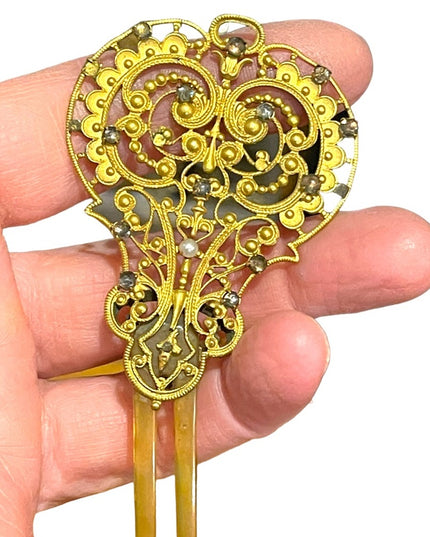 Victorian Antique hair comb pierced goldtone filigree metal design crystals LG
