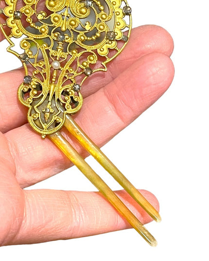 Victorian Antique hair comb pierced goldtone filigree metal design crystals LG