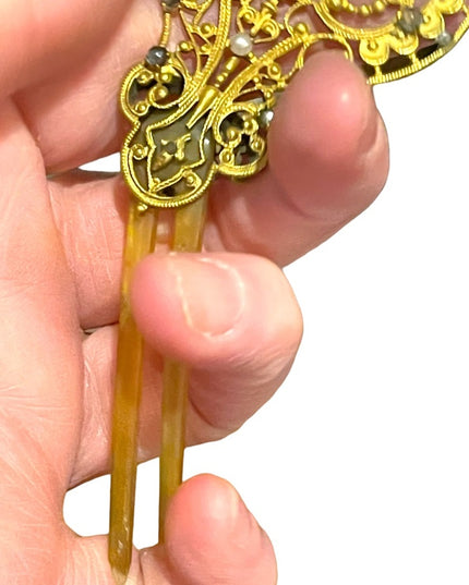 Victorian Antique hair comb pierced goldtone filigree metal design crystals LG