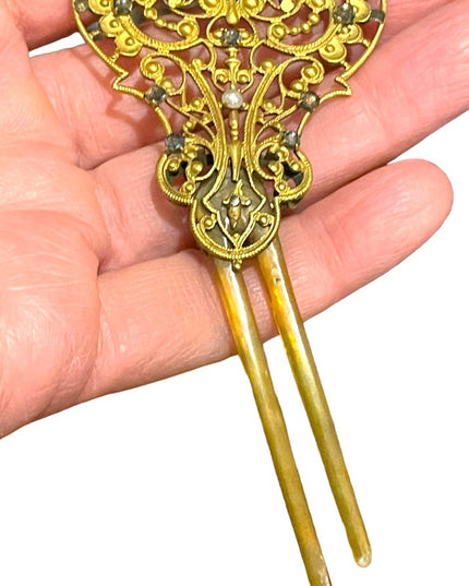 Victorian Antique hair comb pierced goldtone filigree metal design crystals LG