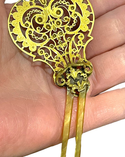 Victorian Antique hair comb pierced goldtone filigree metal design crystals LG