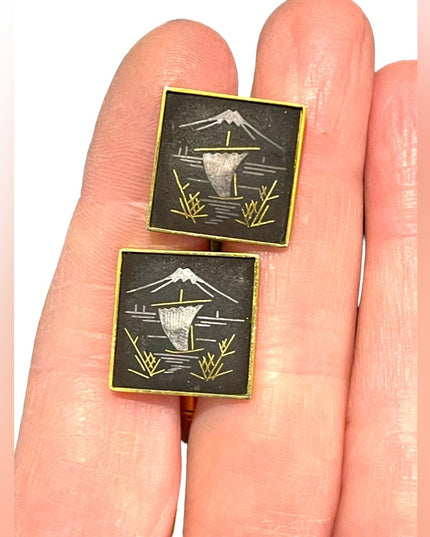 Vintage 1960s AMITA Damascene Sailboat gold plated cufflinks