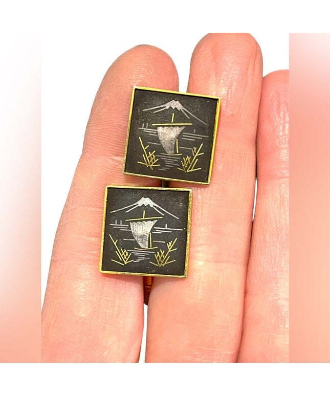 Vintage 1960s AMITA Damascene Sailboat gold plated cufflinks