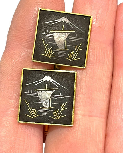 Vintage 1960s AMITA Damascene Sailboat gold plated cufflinks