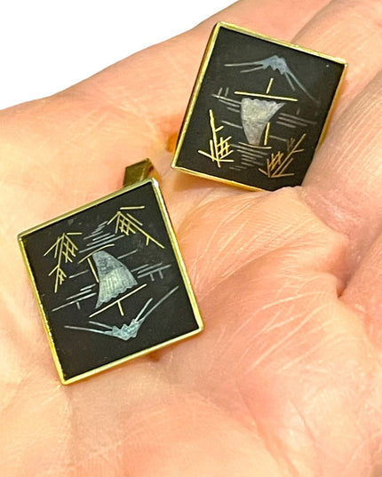 Vintage 1960s AMITA Damascene Sailboat gold plated cufflinks