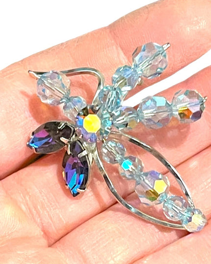 Vintage silver Blue crystal fancy flower brooch 1960s