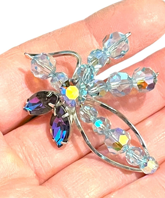Vintage silver Blue crystal fancy flower brooch 1960s