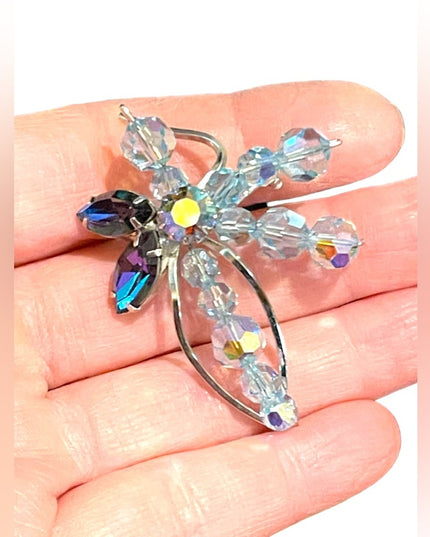 Vintage silver Blue crystal fancy flower brooch 1960s