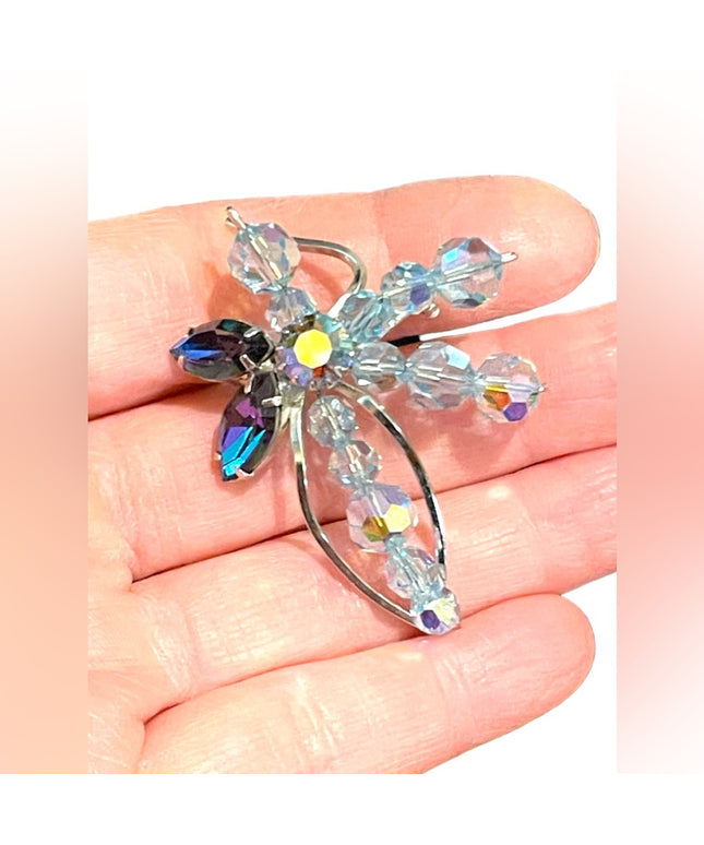 Vintage silver Blue crystal fancy flower brooch 1960s