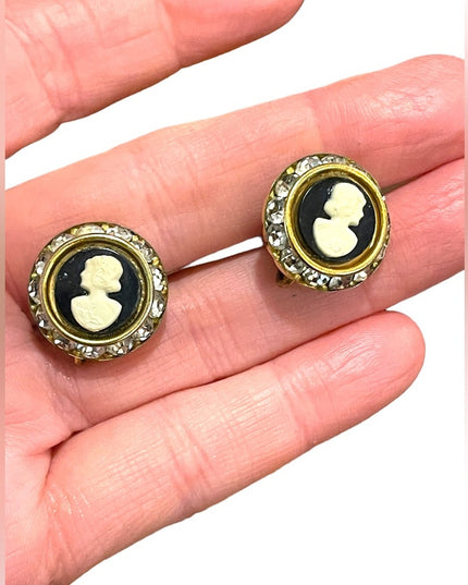 Vintage 1960s Brass faux cameo rhinestone screw back earrings