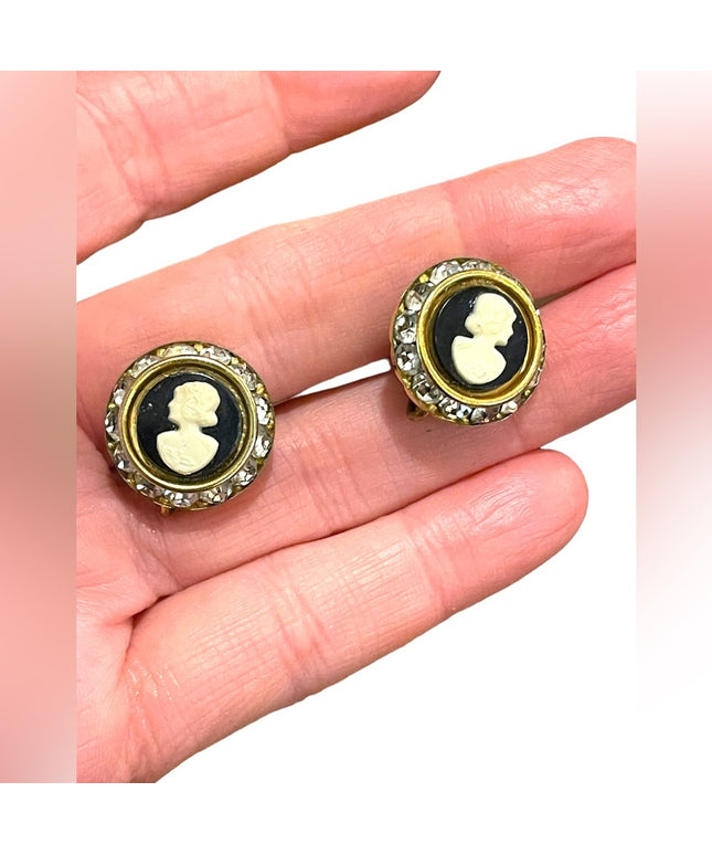 Vintage 1960s Brass faux cameo rhinestone screw back earrings