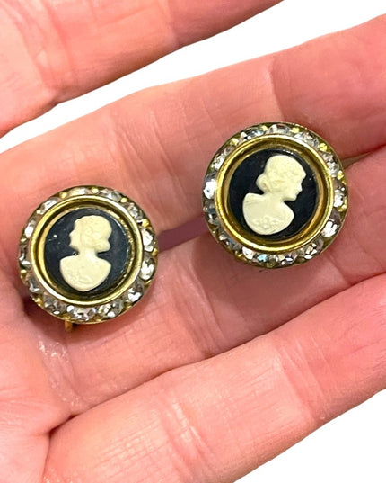 Vintage 1960s Brass faux cameo rhinestone screw back earrings