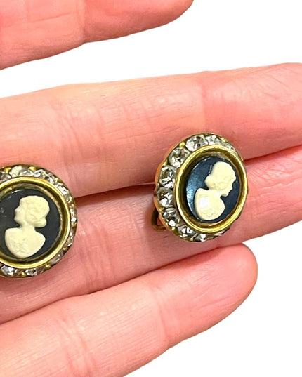 Vintage 1960s Brass faux cameo rhinestone screw back earrings