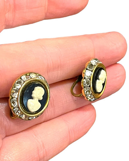 Vintage 1960s Brass faux cameo rhinestone screw back earrings