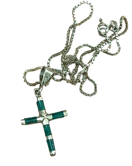 Vintage sterling silver 925 Malachite cross pendant necklace