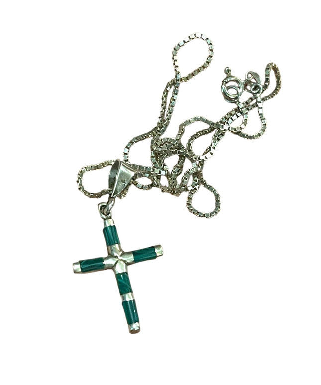 Vintage sterling silver 925 Malachite cross pendant necklace