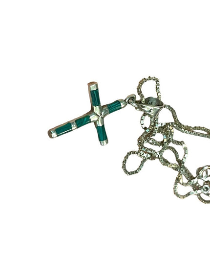 Vintage sterling silver 925 Malachite cross pendant necklace