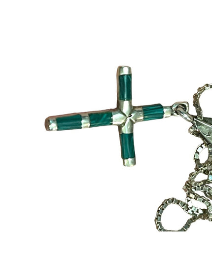Vintage sterling silver 925 Malachite cross pendant necklace