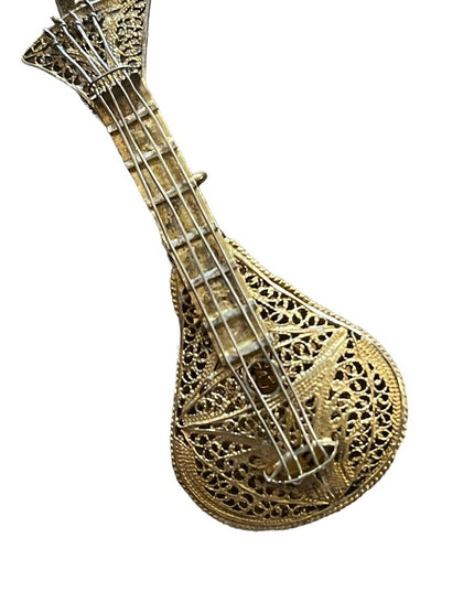 Antique 1880s gold wash 800 silver filagree Mandolin brooch