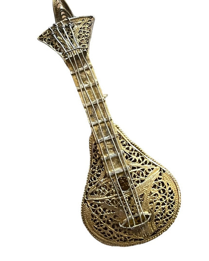Antique 1880s gold wash 800 silver filagree Mandolin brooch