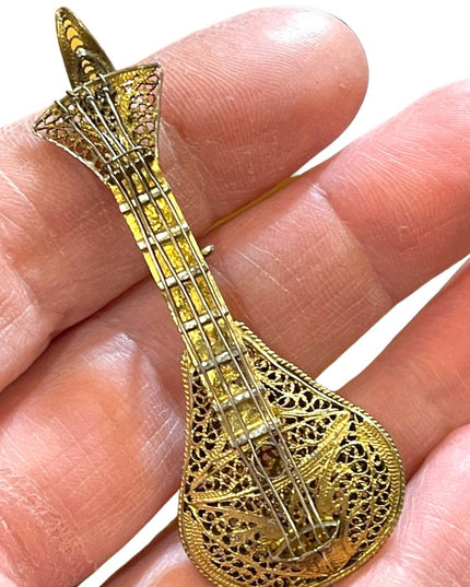 Antique 1880s gold wash 800 silver filagree Mandolin brooch
