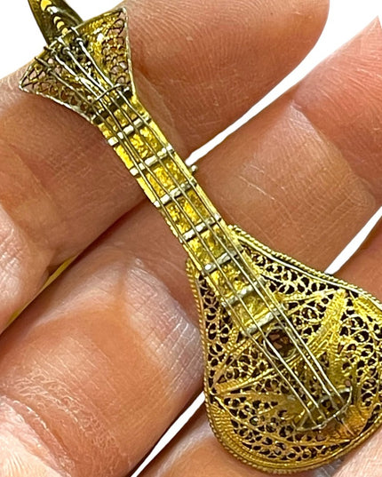 Antique 1880s gold wash 800 silver filagree Mandolin brooch