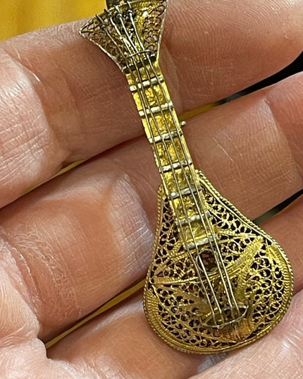 Antique 1880s gold wash 800 silver filagree Mandolin brooch