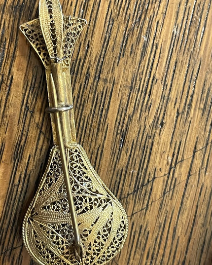 Antique 1880s gold wash 800 silver filagree Mandolin brooch