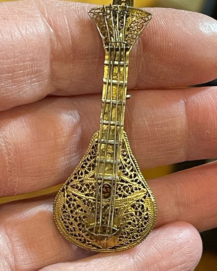 Antique 1880s gold wash 800 silver filagree Mandolin brooch