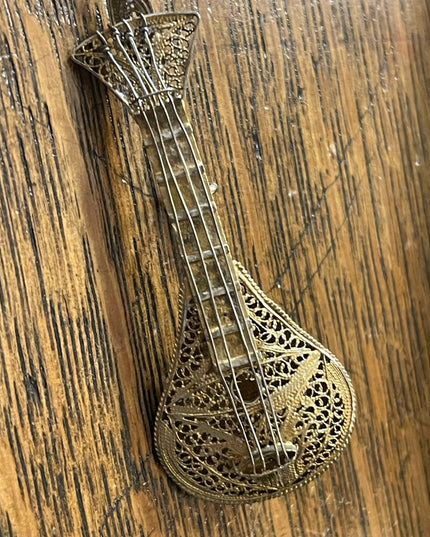 Antique 1880s gold wash 800 silver filagree Mandolin brooch