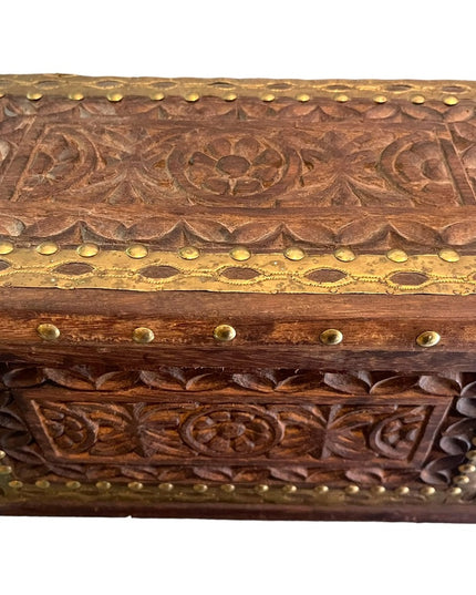 Vintage Carved flowers solid wood brass trim Jewelry box trinket Mexico
