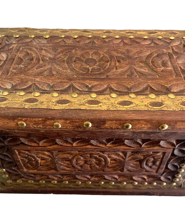 Vintage Carved flowers solid wood brass trim Jewelry box trinket Mexico