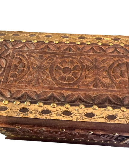 Vintage Carved flowers solid wood brass trim Jewelry box trinket Mexico