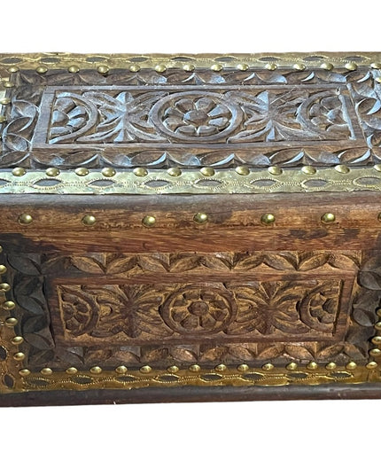 Vintage Carved flowers solid wood brass trim Jewelry box trinket Mexico