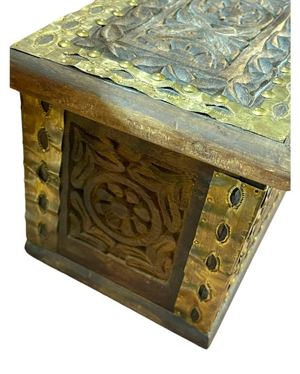 Vintage Carved flowers solid wood brass trim Jewelry box trinket Mexico